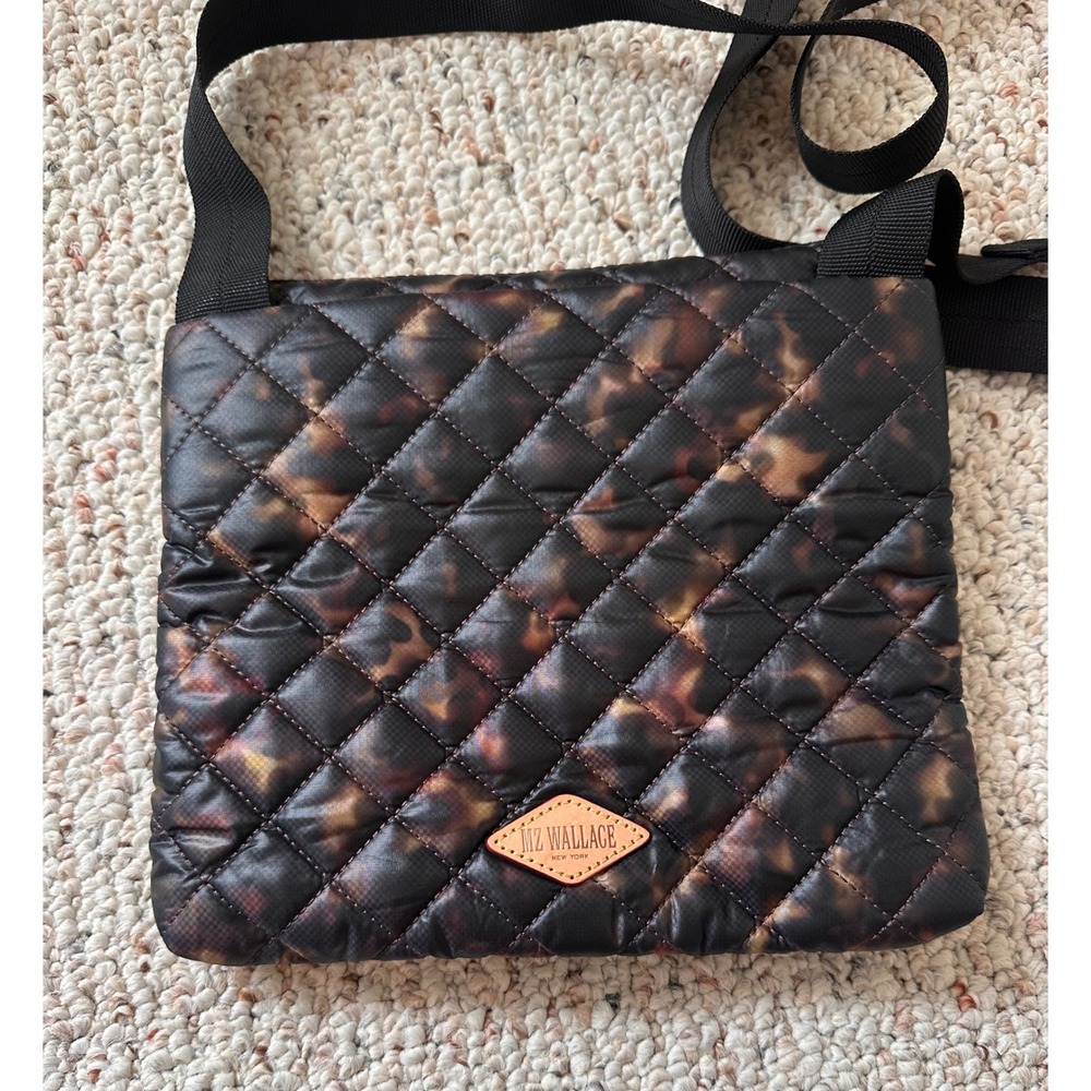MZ Wallace Crosby Crossbody Bag Tortoise Shell Print Quilted Nylon Medium Bag